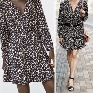 Zara Giraffe Print V-Neck Mini Dress size small s animal print